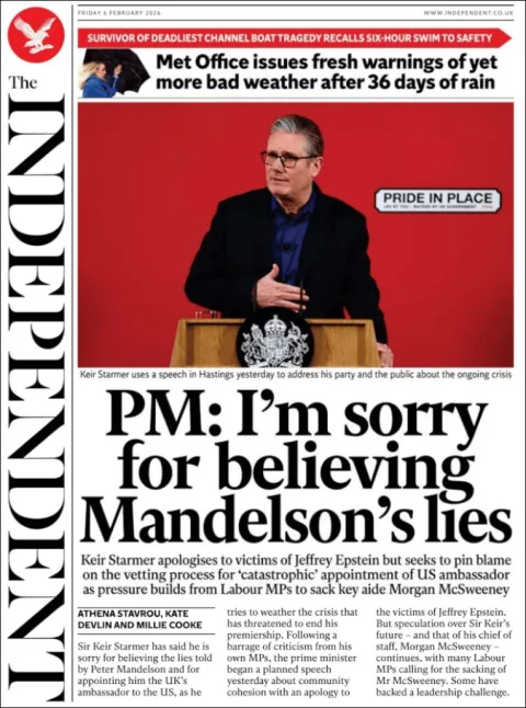 Portada de The Independent del viernes, 6 de febrero de 2026