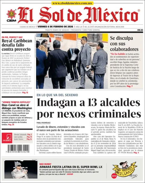 Portada de El Sol de Mexico del viernes, 6 de febrero de 2026