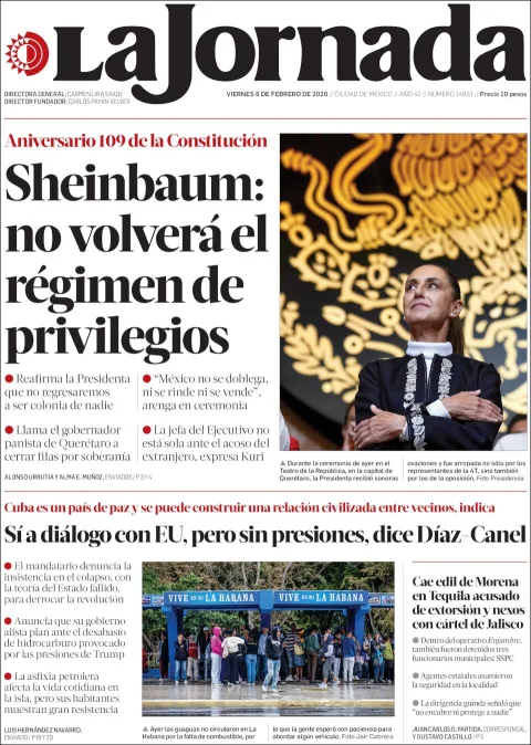 Portada de La Jornada del viernes, 6 de febrero de 2026