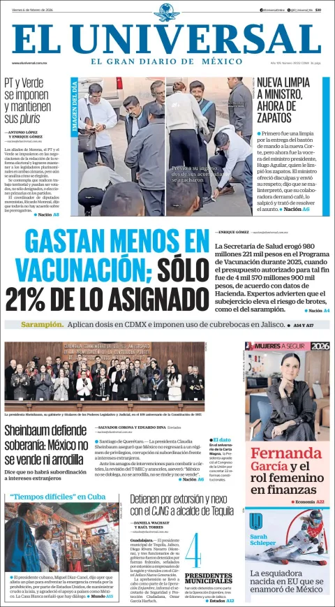 Portada de El Universal del viernes, 6 de febrero de 2026