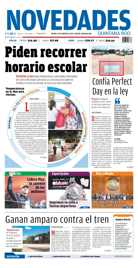 Portada de Novedades Quintana Roo del viernes, 6 de febrero de 2026
