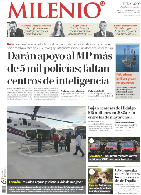 Portada de Milenio Hidalgo del viernes, 6 de febrero de 2026