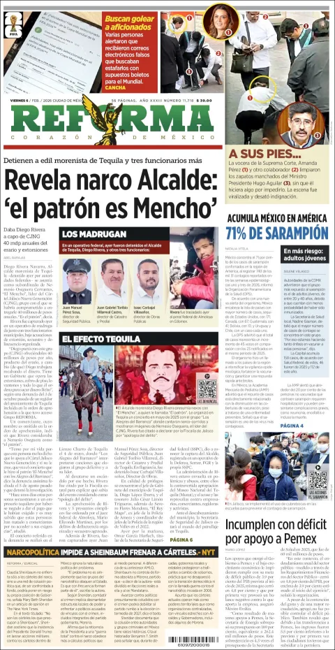 Portada de Reforma del viernes, 6 de febrero de 2026