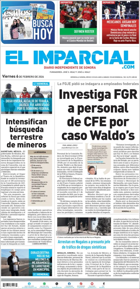 Portada de El Imparcial del viernes, 6 de febrero de 2026