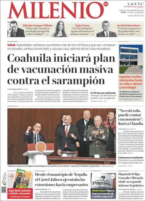 Portada de Milenio Laguna del viernes, 6 de febrero de 2026