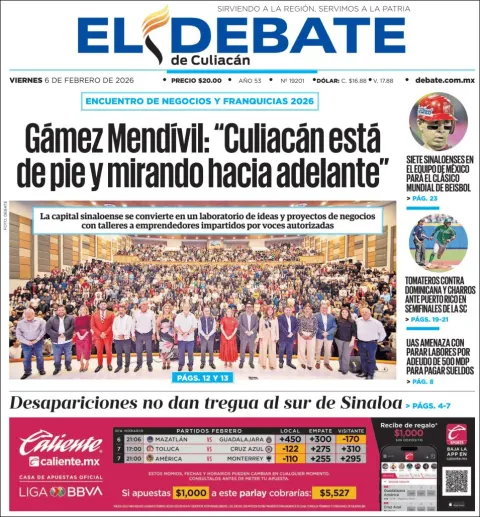 Portada de El Debate de Culiacan del viernes, 6 de febrero de 2026