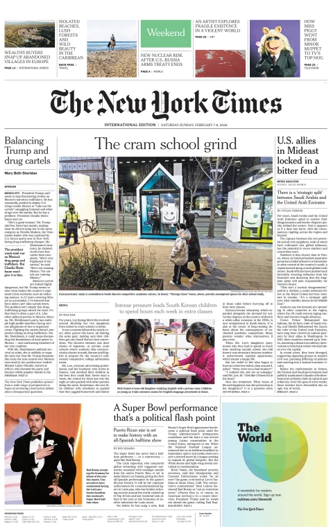 Portada de The New York Times (international) del sábado, 7 de febrero de 2026