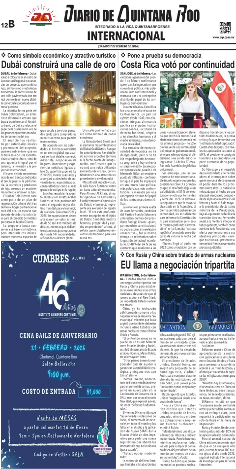 Portada de Diario de Quintana Roo (contra Portada) del sábado, 7 de febrero de 2026