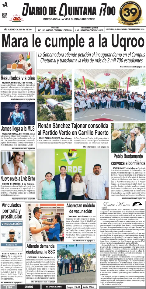 Portada de Diario de Quintana Roo (portada) del sábado, 7 de febrero de 2026