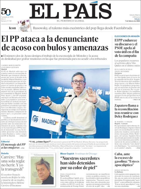 Portada de El Pais del sábado, 7 de febrero de 2026