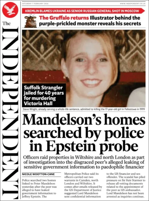 Portada de The Independent del sábado, 7 de febrero de 2026