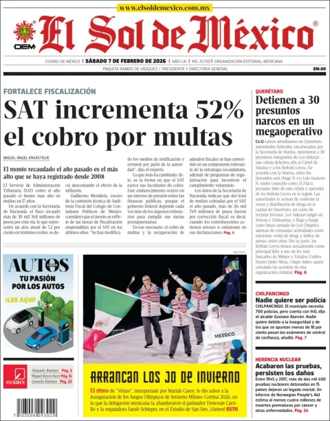 Portada de El Sol de Mexico del sábado, 7 de febrero de 2026