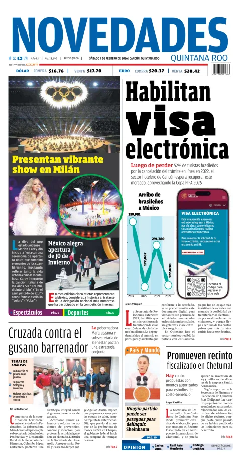 Portada de Novedades Quintana Roo del sábado, 7 de febrero de 2026