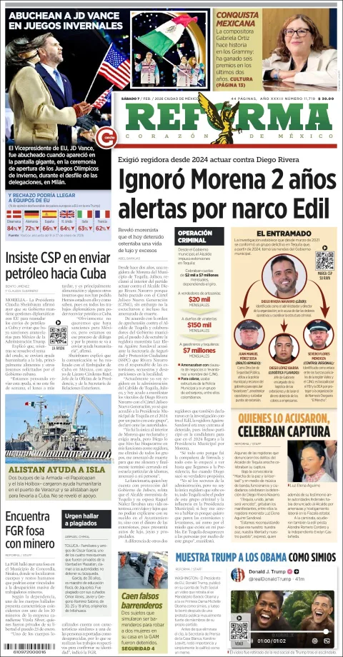 Portada de Reforma del sábado, 7 de febrero de 2026