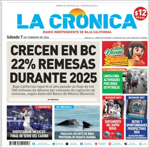 Portada de La Cronica del sábado, 7 de febrero de 2026