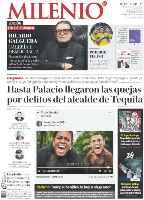 Portada de Milenio del sábado, 7 de febrero de 2026