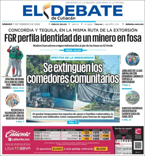 Portada de El Debate de Culiacan del sábado, 7 de febrero de 2026