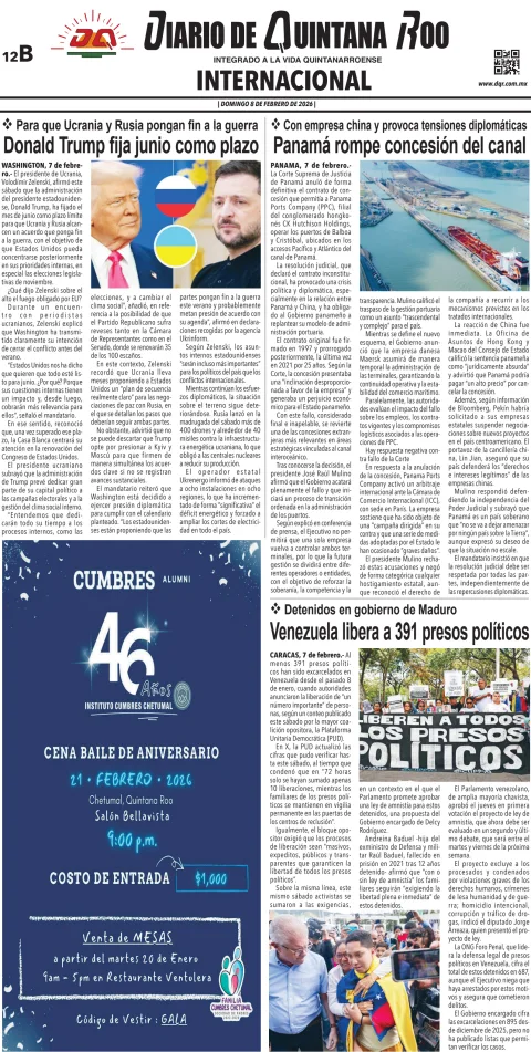 Portada de Diario de Quintana Roo (contra Portada) del domingo, 8 de febrero de 2026