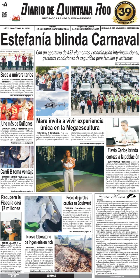 Portada de Diario de Quintana Roo (portada) del domingo, 8 de febrero de 2026