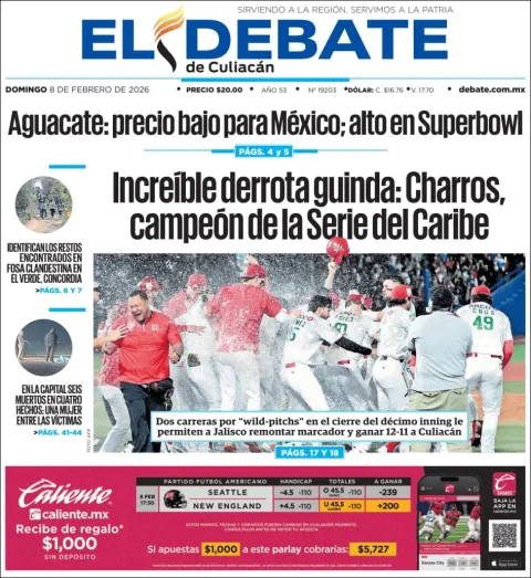Portada de El Debate de Culiacan del domingo, 8 de febrero de 2026
