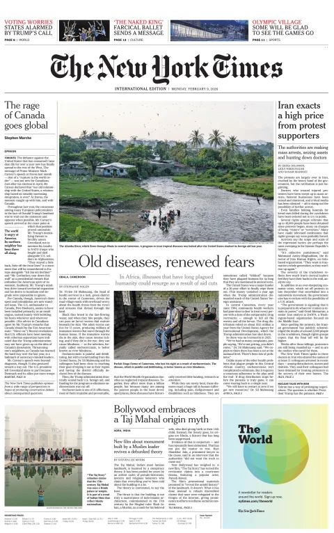 Portada de The New York Times (international) del lunes, 9 de febrero de 2026
