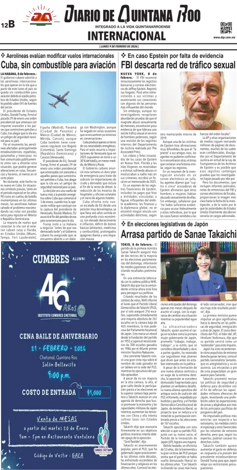 Portada de Diario de Quintana Roo (contra Portada) del lunes, 9 de febrero de 2026