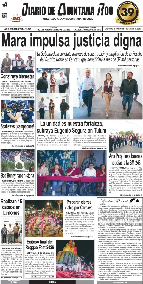 Portada de Diario de Quintana Roo (portada) del lunes, 9 de febrero de 2026