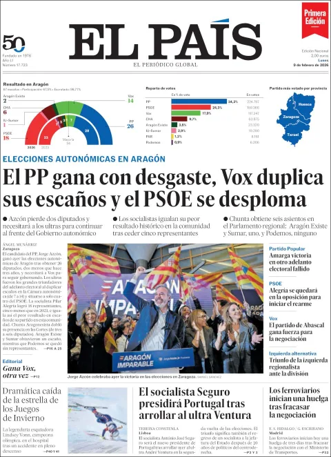 Portada de El Pais del lunes, 9 de febrero de 2026