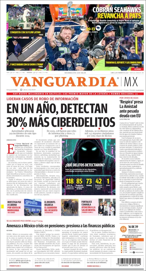 Portada de Vanguardia del lunes, 9 de febrero de 2026