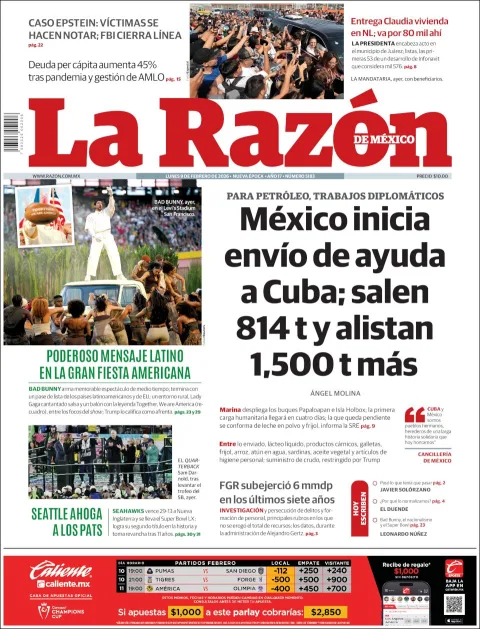 Portada de La Razon del lunes, 9 de febrero de 2026