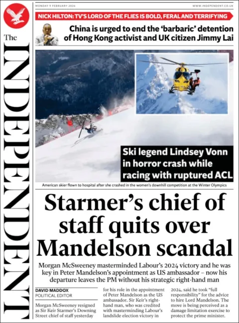 Portada de The Independent del lunes, 9 de febrero de 2026