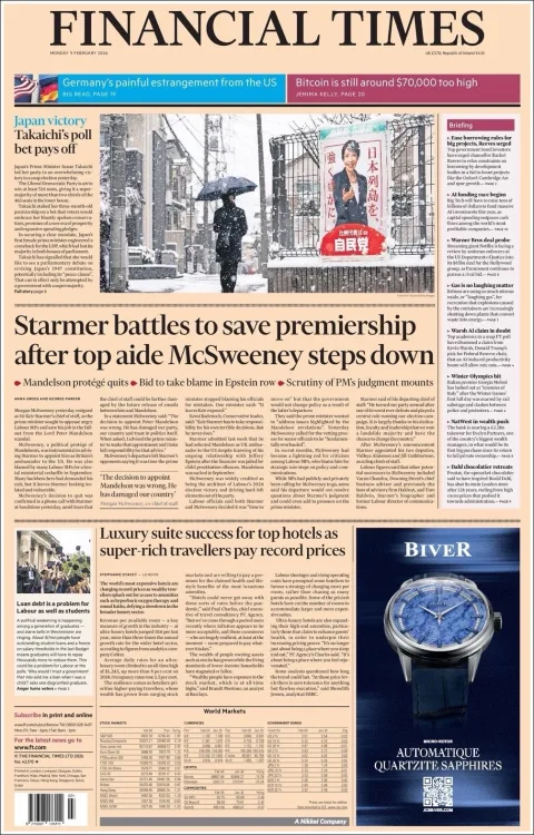 Portada de Financial Times del lunes, 9 de febrero de 2026