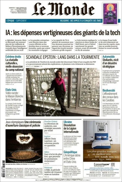 Portada de Le Monde del lunes, 9 de febrero de 2026