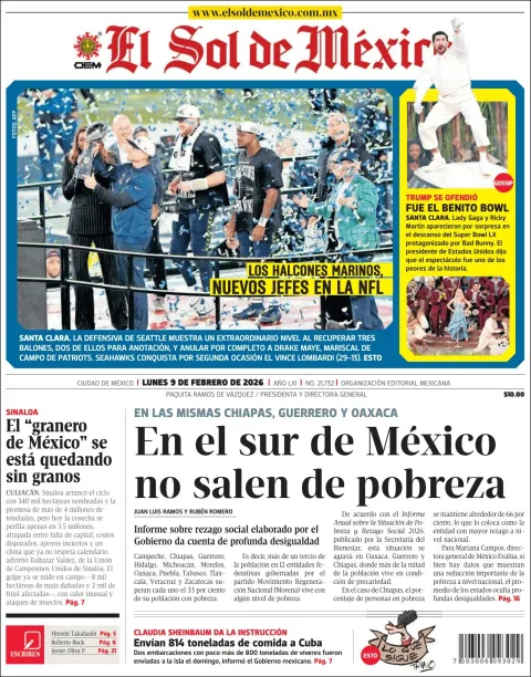 Portada de El Sol de Mexico del lunes, 9 de febrero de 2026