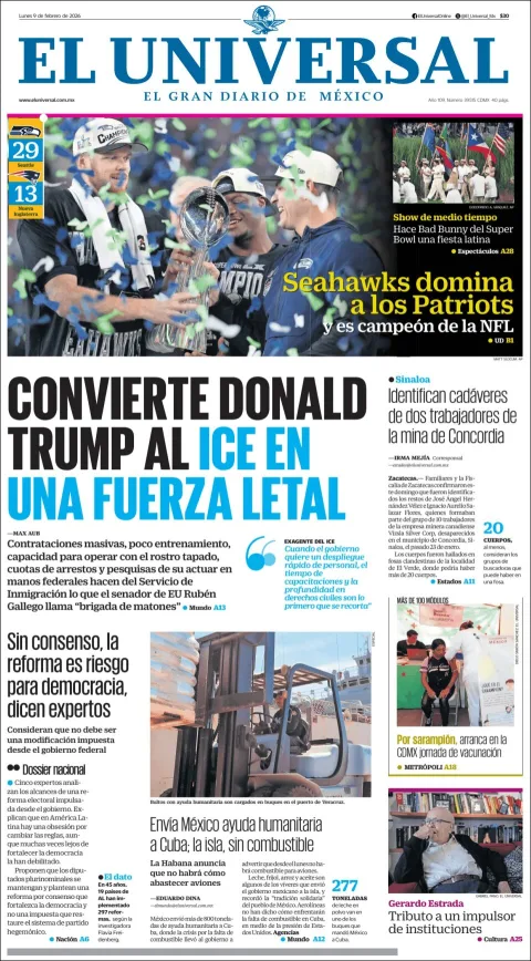 Portada de El Universal del lunes, 9 de febrero de 2026