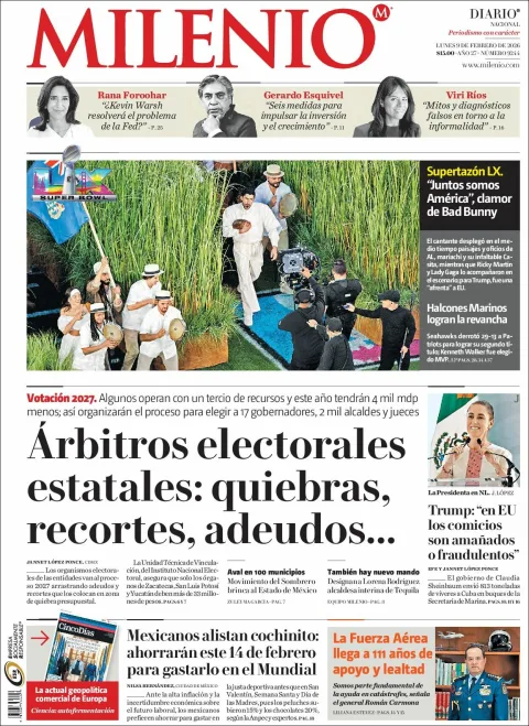Portada de Milenio del lunes, 9 de febrero de 2026