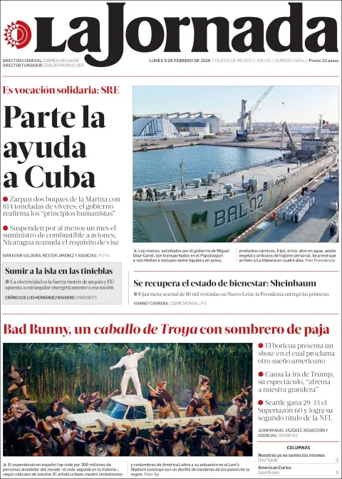 Portada de La Jornada del lunes, 9 de febrero de 2026