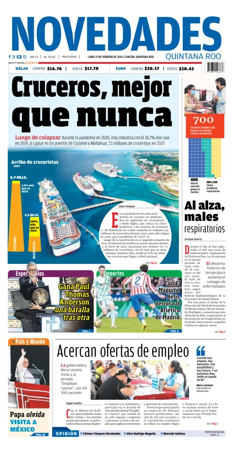 Portada de Novedades Quintana Roo del lunes, 9 de febrero de 2026