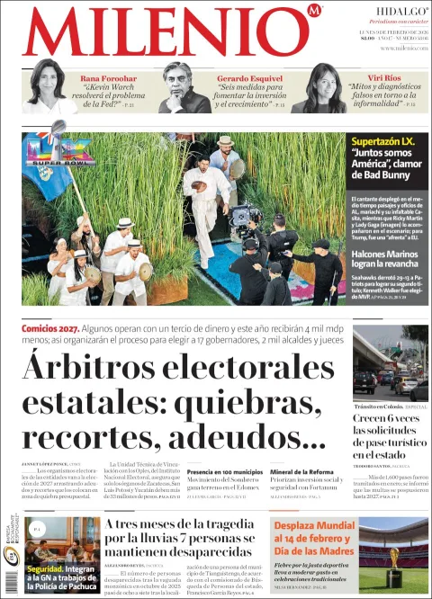 Portada de Milenio Hidalgo del lunes, 9 de febrero de 2026