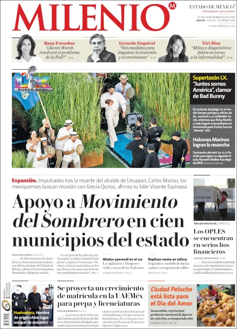 Portada de Milenio Edo de Mexico del lunes, 9 de febrero de 2026