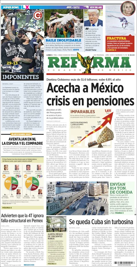 Portada de Reforma del lunes, 9 de febrero de 2026