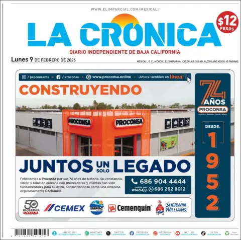 Portada de La Cronica del lunes, 9 de febrero de 2026