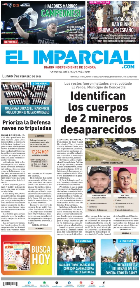Portada de El Imparcial del lunes, 9 de febrero de 2026