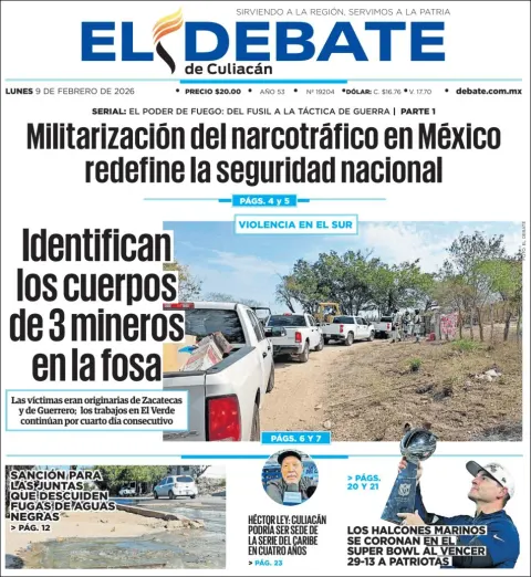 Portada de El Debate de Culiacan del lunes, 9 de febrero de 2026