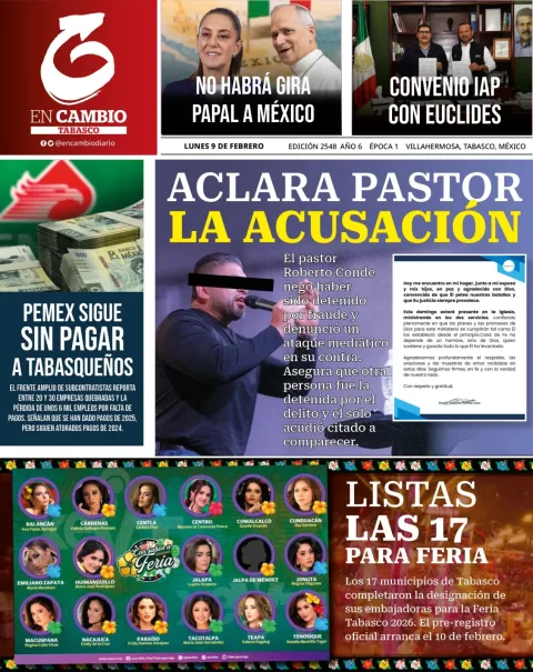 Portada de En Cambio - Tabasco (contraportada) del lunes, 9 de febrero de 2026