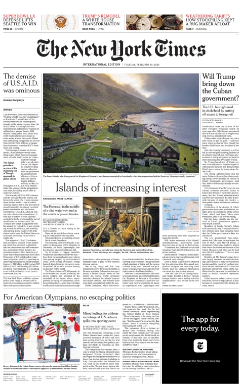 Portada de The New York Times (international) del martes, 10 de febrero de 2026