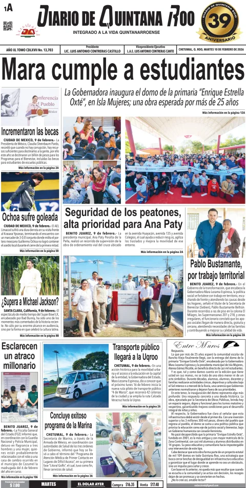 Portada de Diario de Quintana Roo (portada) del martes, 10 de febrero de 2026