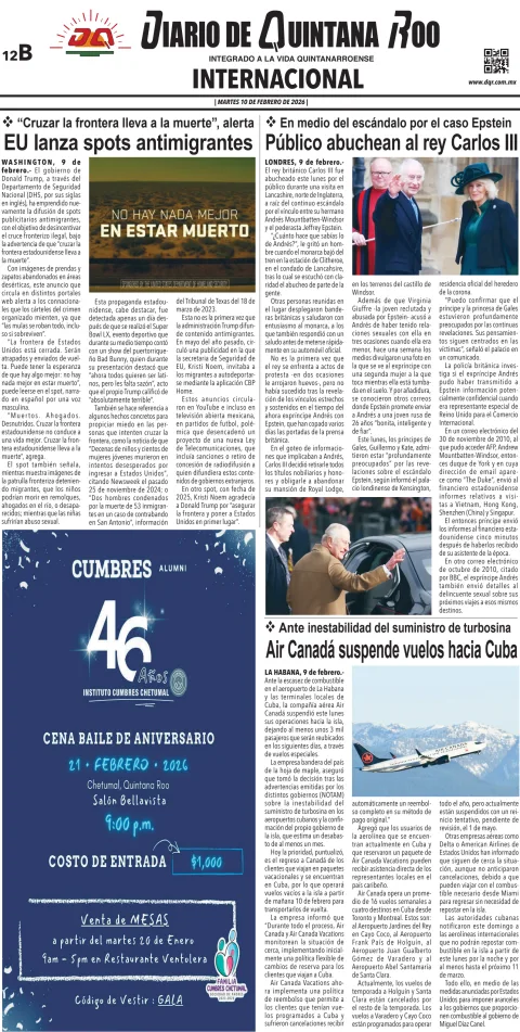 Portada de Diario de Quintana Roo (contra Portada) del martes, 10 de febrero de 2026
