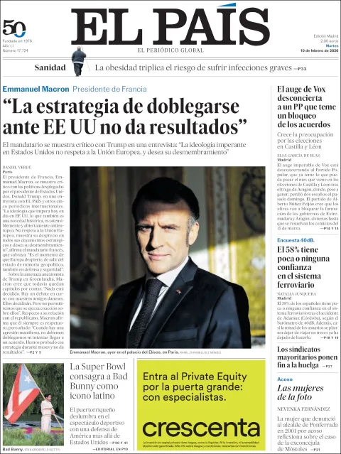 Portada de El Pais del martes, 10 de febrero de 2026