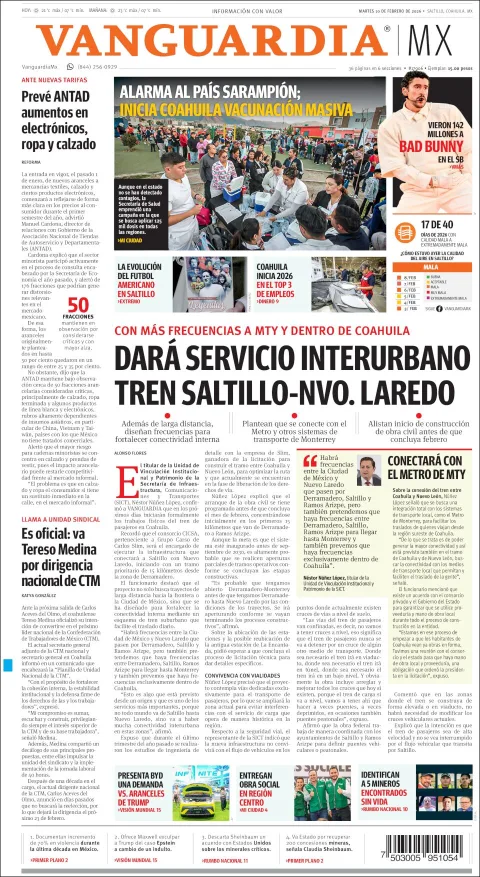 Portada de Vanguardia del martes, 10 de febrero de 2026